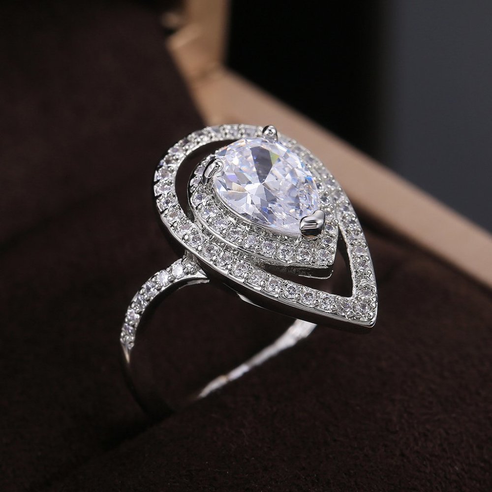 NEW 925 Silver Teardrop Pear Cut Double Halo Ring - Picture 7 of 9